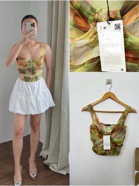 ZARA printed tulle snaps at front cropped wire corset top 5039 708